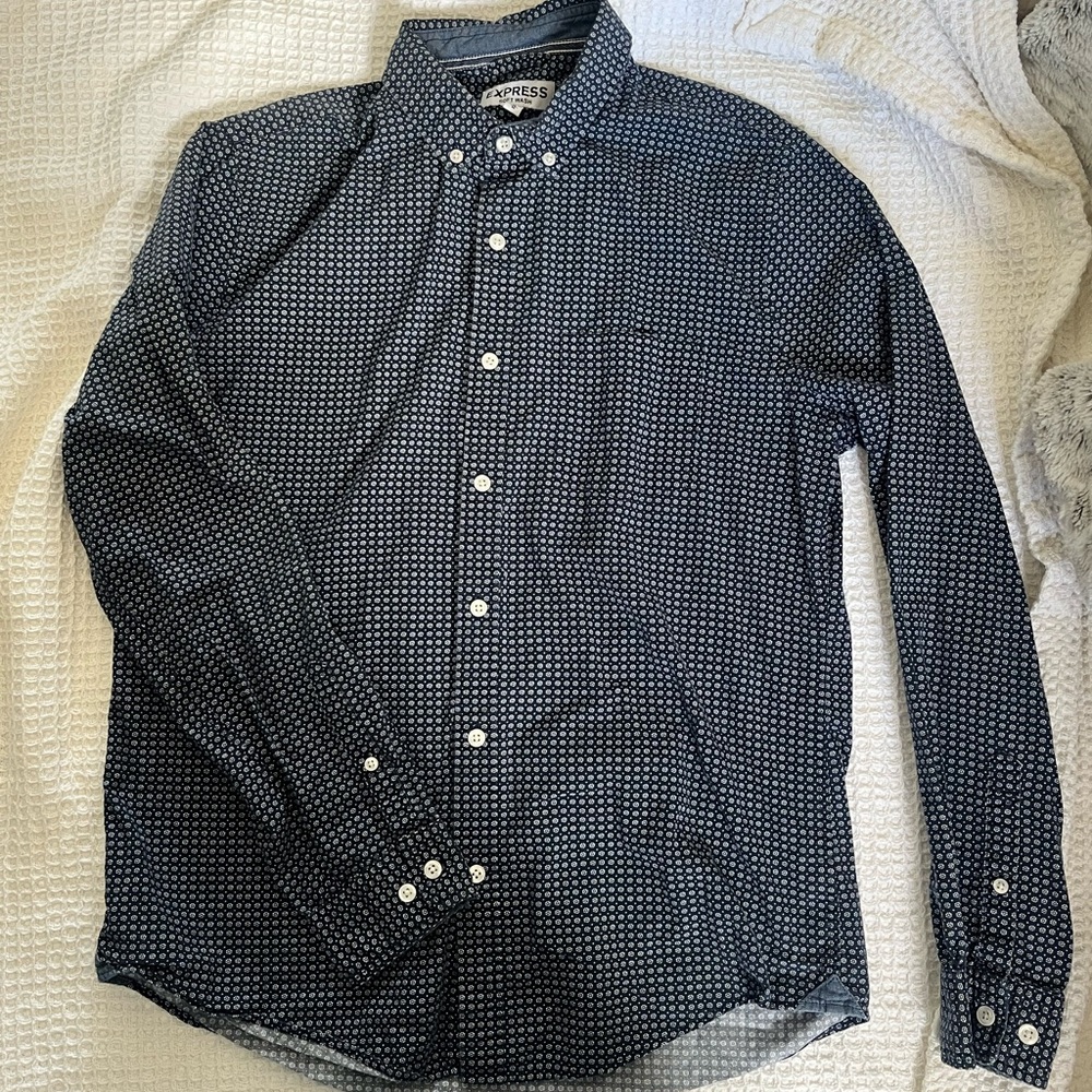 Express Men’s Navy Button-Down Shirt with White Micro Dot Pattern